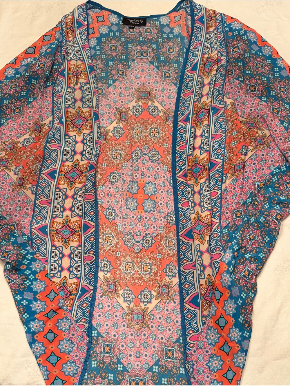 TOLANI - Feathers by Tolani Boho Tile Print Kimono in Coral & Teal EUC